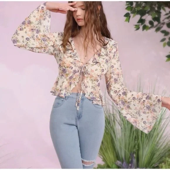 SHEIN Tie Front Floral Kimono - Picture 4 of 5